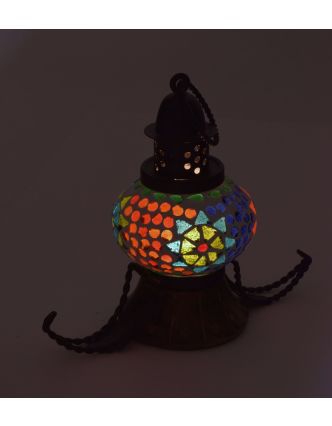 Mozaiková lucerna na svíčku, multibarevná, sklo, ruční práce, 12x10x18cm