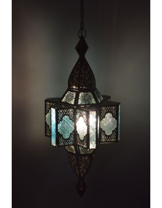 Lampa v orientálním stylu, modré sklo, zlatá, 28x28x56cm