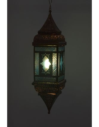 Arabská lampa, modrá, mosazná patina, sklo, ruční práce, 13x13x50cm