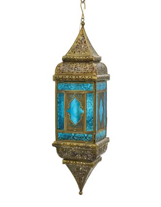 Arabská lampa, modrá, mosazná patina, sklo, ruční práce, 13x13x50cm