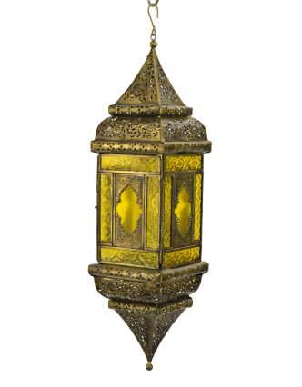 Arabská lampa, žlutá, mosazná patina, sklo, ruční práce, 13x13x50cm