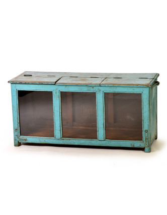 Prosklená skříňka, starý teak, modrá patina, 90x34x42cm
