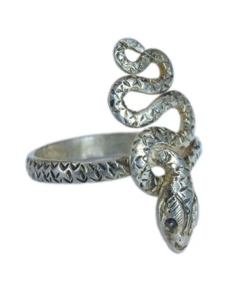 Stříbrný prsten Had, kroucený zdobený ocas, výška 25mm, 3g, Nepál