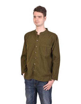 Zelená pánská košile-kurta s dlouhým rukávem a kapsičkou, celorozepínací