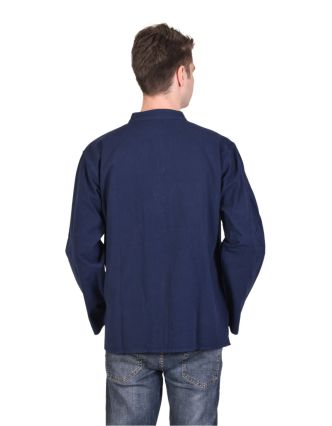 Modrá pánská košile-kurta s dlouhým rukávem a kapsičkou, celorozepínací