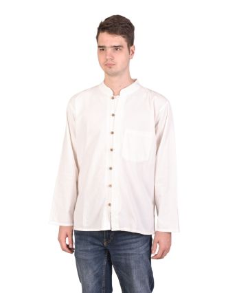 Bílá pánská košile-kurta s dlouhým rukávem a kapsičkou, celorozepínací