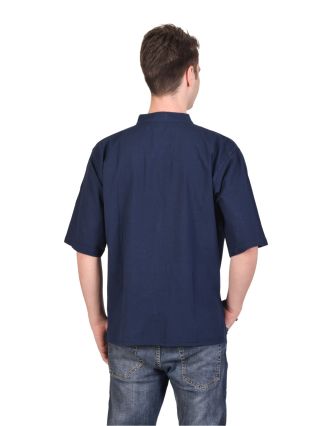 Modrá pánská košile-kurta s krátkým rukávem a kapsičkou, celorozepínací