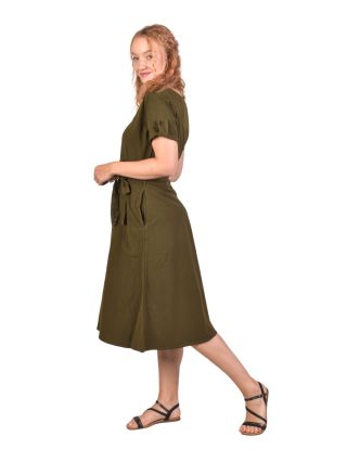 Zelené šaty s krátkým rukávem, midi délka, kapsy, propínací s páskem