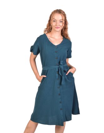 Modré šaty s krátkým rukávem, midi délka, kapsy, propínací s páskem