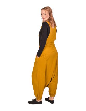 Turecké kalhoty s laclem medově žluté, velmi nízký sed, kapsy a knoflíčky