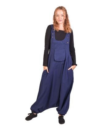 Turecké kalhoty s laclem, modré, velmi nízký sed, kapsy a knoflíčky