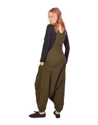 Turecké kalhoty s laclem, tmavě zelené, velmi nízký sed, kapsy a knoflíčky