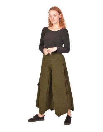 Pohodlné volné zelené tříčtvrteční kalhoty, guma v pase