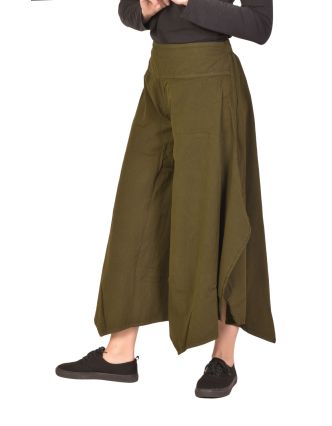 Pohodlné volné khaki zelené tříčtvrteční kalhoty, guma v pase