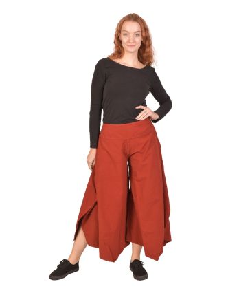 Pohodlné volné červené tříčtvrteční kalhoty, guma v pase