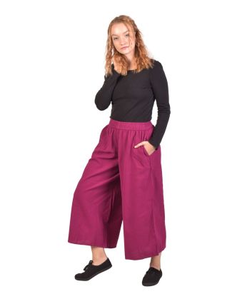 Pohodlné volné fuchsiové tříčtvrteční kalhoty, guma v pase a kapsy