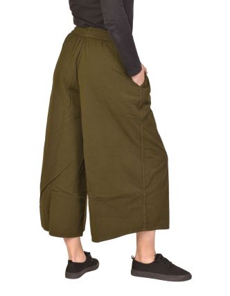 Pohodlné volné khaki zelené tříčtvrteční kalhoty, guma v pase a kapsy