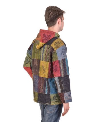 Bunda s kapucí, multibarevný patchwork, na zip, kapsy, fleece podšívka