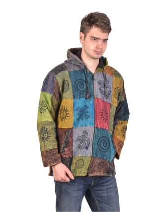 Bunda s kapucí, multibarevný patchwork, na zip, kapsy, fleece podšívka