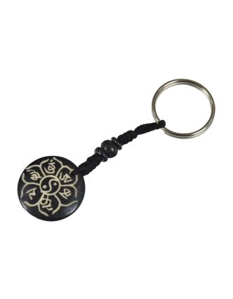 Kostěná klíčenka, vyřezávané symboly Astamangala, celková délka 10cm