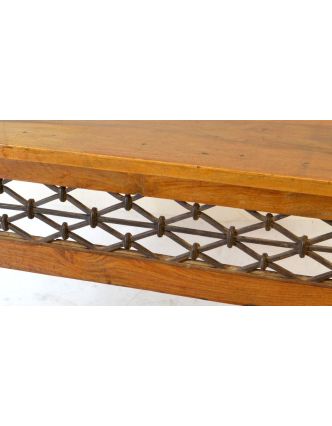 Odkládací kozolový stolek z teakového dřeva s kováním, 110x41x76cm
