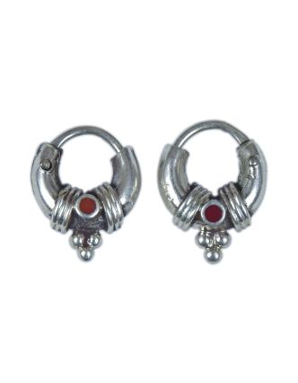 Stříbrné náušnice s červeným onyxem, malé zdobené kroužky, AG 925/1000, 2g