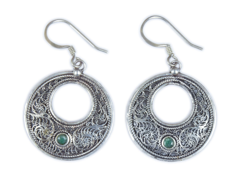 Stříbrné visací náušnice se smaragdem zdobené filigránem, AG 925/1000, 5g, Nepál