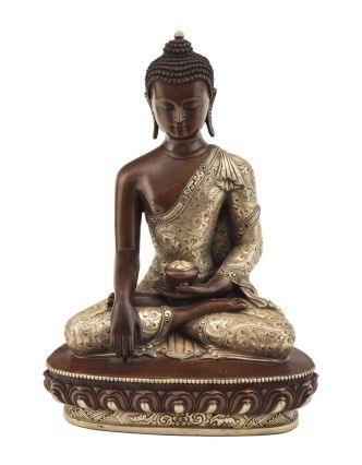 Buddha Šákjamuni, kovová soška, postříbřeno, 19x11x24cm