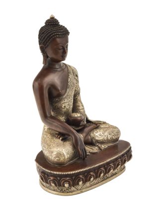 Buddha Šákjamuni, kovová soška, postříbřeno, 19x11x24cm