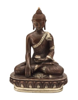 Buddha Šakjamuni, kovová soška, postříbřeno, 11x7x15cm