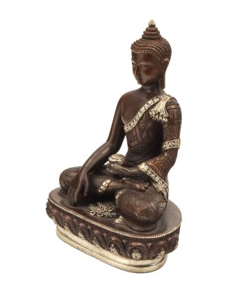 Buddha Šakjamuni, kovová soška, postříbřeno, 11x7x15cm