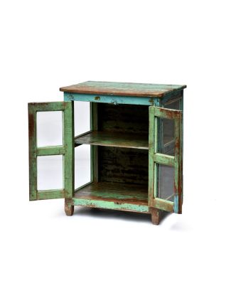 Prosklená skříňka z antik teakového dřeva, modrá patina, 65x47x79cm