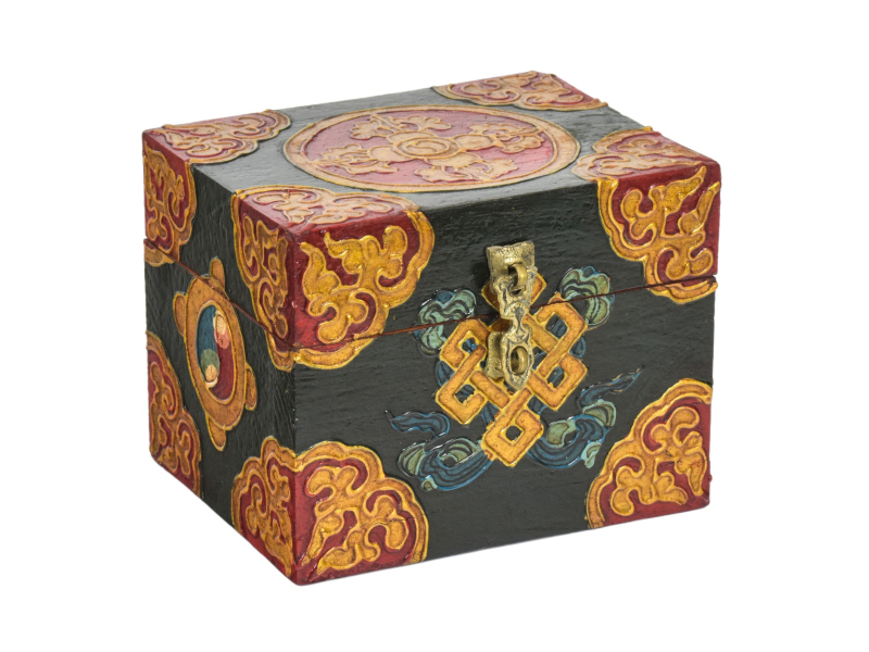 Dřevěná šperkovnice ručně malovaná, buddhistické motivy, 13x10x10cm