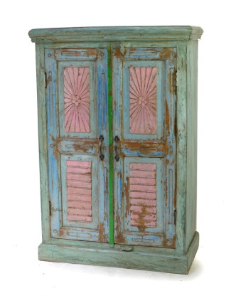 Tyrkysová skříň z antik teakového dřeva s ručně vyřezávanými dveřmi, 81x38x124cm