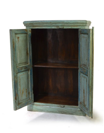 Tyrkysová skříň z antik teakového dřeva s ručně vyřezávanými dveřmi, 81x38x124cm