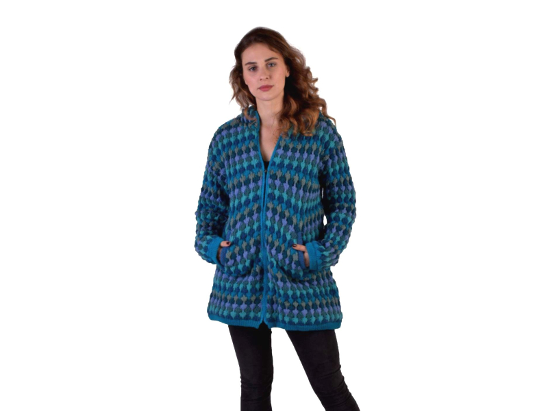 Prodloužený vlněný svetr s kapucí a kapsami, tyrkysový