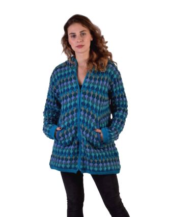 Prodloužený vlněný svetr s kapucí a kapsami, tyrkysový