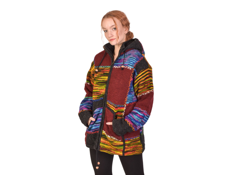 Projmutý vlněný svetr s kapucí a kapsami, patchwork