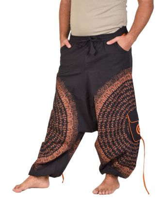 Unisex černé turecké kalhoty s kapsami, oranžový potisk, pružný pas