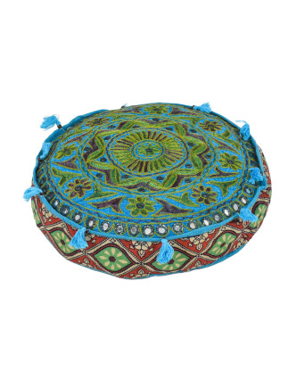 Meditační tyrkysový polštář, ručně vyšívaný Gujarat Design, kulatý, 40x12cm
