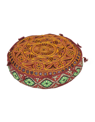 Meditační vínový polštář, ručně vyšívaný Gujarat Design, kulatý, 40x12cm