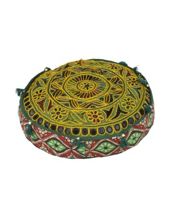 Meditační zelený polštář, ručně vyšívaný Gujarat Design, kulatý, 40x12cm