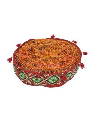 Meditační červený polštář, ručně vyšívaný Gujarat Design, kulatý, 40x12cm