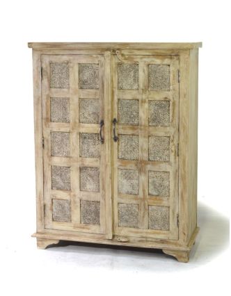 Skříň z antik teakového dřeva, ruční řezby, bílá patina, 90x36x120cm