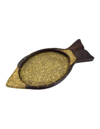 Dřevěný tác ryba z mangového dřeva zdobený mosazí, 62x29x4cm