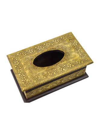 Krabička na kapesníky, drěvěná, zdobená mosazným plechem, 25x15x11cm