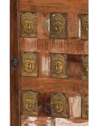 Skříň z antik teakového dřeva, zdobená mosaznými Buddhy, 60x40x120cm
