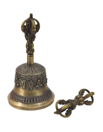 Tibetský zvon a dorje, mosazná barva, ornament, 19cm