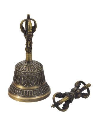 Tibetský zvon a dorje, mosazná barva, ornament, 17cm