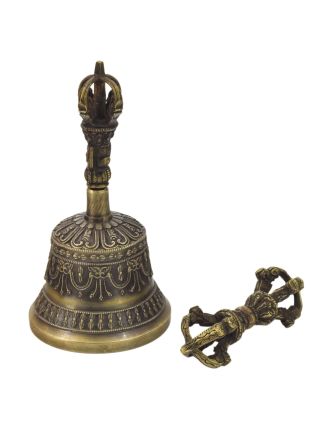 Tibetský zvon a dorje, mosazná barva, ornament, 14cm